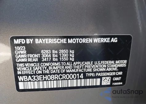 2024 BMW 740I xDrive z USA, uszkodzony, nr VIN WBA33EH08RCR00014